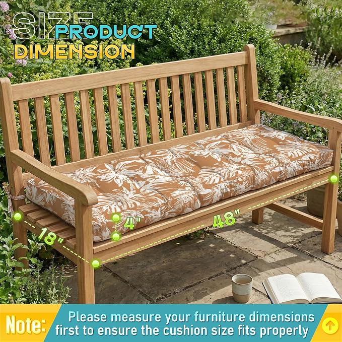 Outdoor Bench Cushion, Tufted Patio Seat Pad for Garden Bench, Porch Swing, Indoor/Outoor Furniture (Brown White Leaf, 48X18X4 inch)