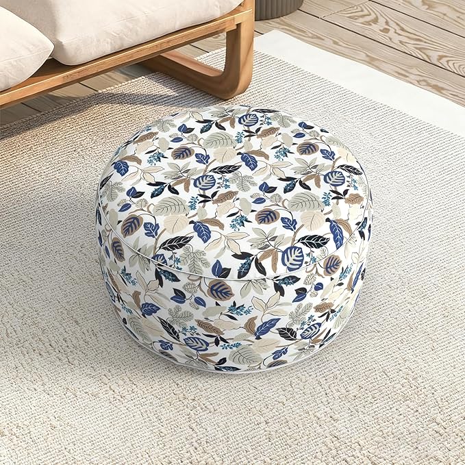 LVTXIII Indoor/Outdoor Large Inflatable Ottoman Pouf D31 x H14 Inch, Round Footstool with Handle, Weather-Resistant Portable Furniture for Patio, Camping, Beach, Breeze Leaves Beige