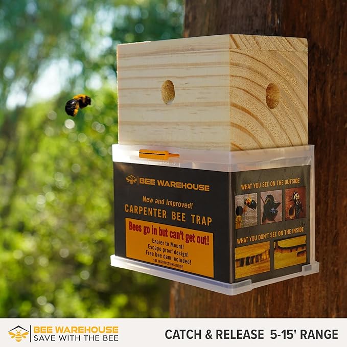 Carpenter Bee Trap - Wood Boring Bee Trap - Unique Catch & Release Outdoor Carpenter Bee Trap - Includes Hanging Hardware & 5 Bee Dams