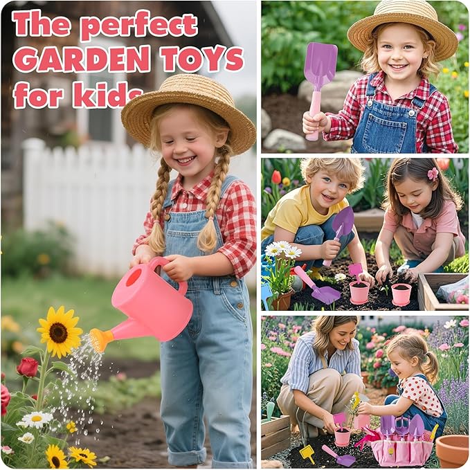 JOI MEW Kids Pink Gardening Tools Set, Garden Toys w/Metal Rake, Shovel, Trowel, Watering Can, Gloves, Tote Bag, Plant pots, DIY Bookmark Kits, Spring Summer Toy Outdoor Gift for Toddler Boy Girl