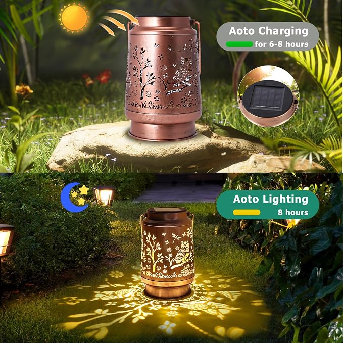 Solar Lanterns Outdoor Waterproof - Owl Garden Decor Gifts for Women Mom Grandma, Metal Hanging Solar Lights for Patio Yard Porch, Auto On/Off Landscape Lighting