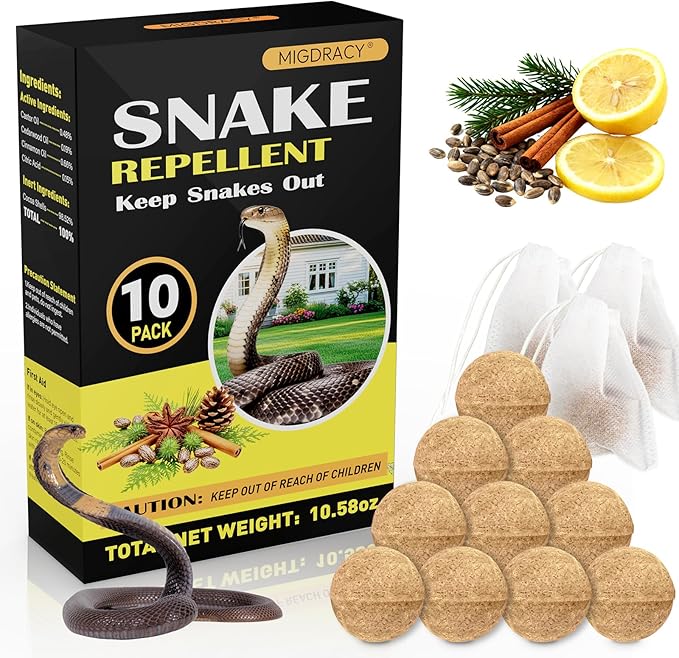 Snake Repellent Balls, 10-Pack Plant-Based Essential Oil Formula with Peppermint, Cinnamon & Cedarwood Oils, Long-Lasting Outdoor Use, Safe Around Family & Pets