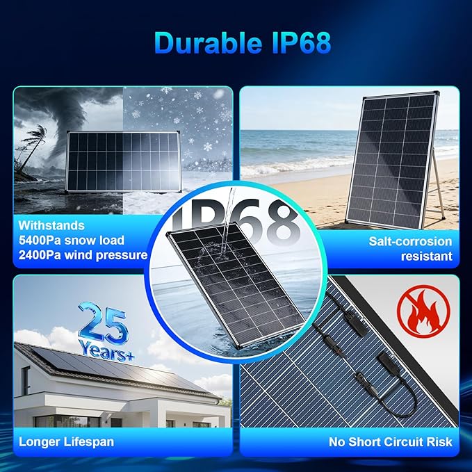 Solar Panels, 200w bifacial n Type 18bb A+ Grade Solar Module IP68 Waterproof 25% high Efficiency Solar Cell 200 watt Solar Panel 12v for Off Grid RV Boat Rooftop Camper (200W Bifacial)
