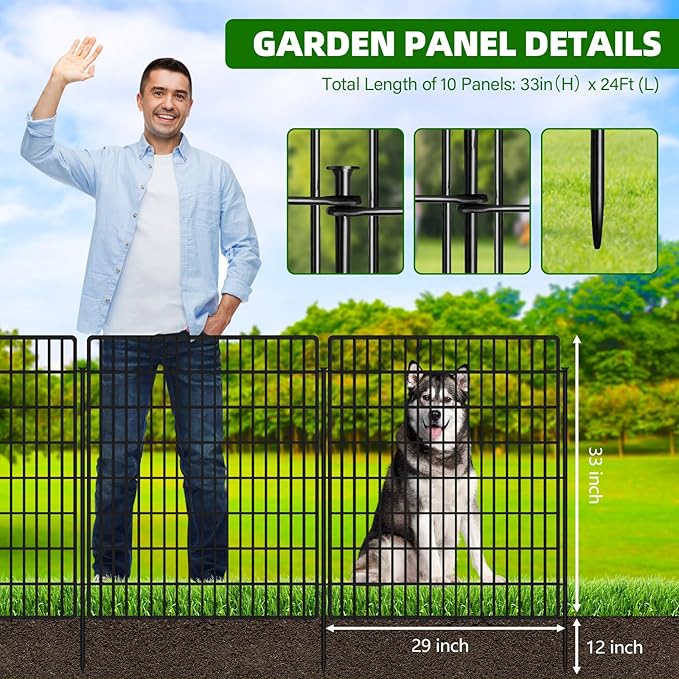 10 Panels Garden Fencing Animal Barrier, 33 in(H) X 24 ft(L) Dog Fence Outdoor for Yard Rustproof No Dig Decorative Tall Garden Fence Metal Wire Panel Border Patio Rabbit Temporary Ground Stakes