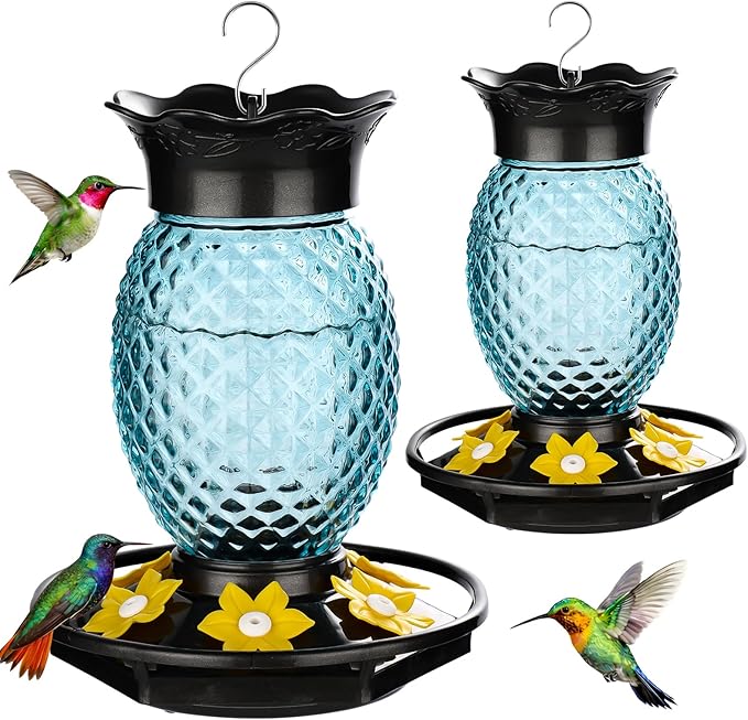 Fchstaer Glass Hummingbird Feeders for Outdoors Hanging Ant and Bee Proof 16OZ 2 Pack Blue Pineapple Humming Bird Feeder with 6 Feeding Ports and Ant Moat Hummingbird Gifts for Women Garden Decor