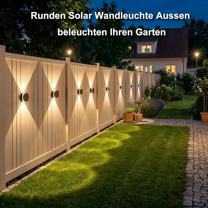 Ellasay Fence Solar Lights: 360° Circular Lighting Solar Powered Wall Lights 12 Hours Long Runtime Up and Down Waterproof IP65 & 3 Modes High Brightness LED Focus Lens for Patio/Yard - 4 Pack