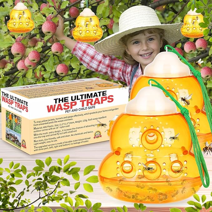 Wasp Trap, Bee Trap Catcher, Outdoor Hanging Wasp Trap, Non-Toxic Reusable Yellow Jacket & Hornet Catcher, Orange - 2 Pack, Safe and Easy to Use