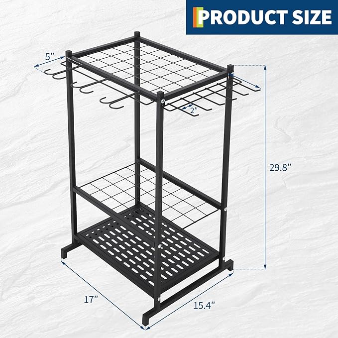 Garden Tool Organizer,3 Tier Yard Storage Rack With 3 Shelves,Heavy Duty Holder With 35 Long-Handled Slots& Hooks for Yard Shed and Lawn