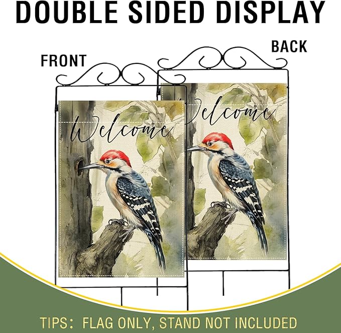 Artofy Welcome Woodpecker Large Decorative House Flag, Spring Summer Watercolor Bird Tree Yard Garden Outside Decor, Seasonal Burlap Outdoor Home Decoration Double Sided 28 x 40
