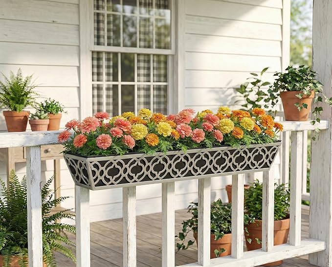 Y&M 4Pcs 36'' Railing Planter Box Set with Adjustable Brackets, Large Hanging Window Boxes for Fence, Deck, Balcony, and Garden, Gray Metal Frame with Black Nonwoven Fabric Liner