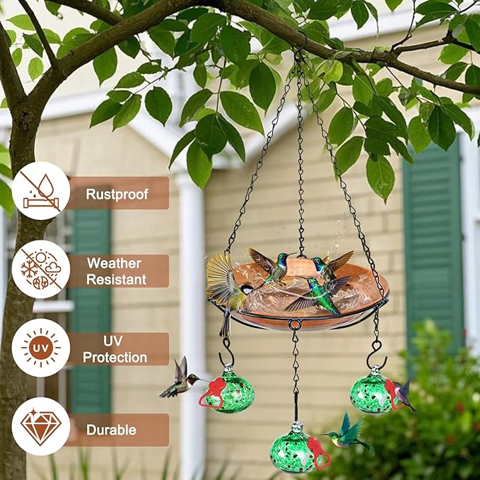 Wind Chimes Hanging Bird Feeders for Outdoors ＆ Bird Bath ＆ Hummingbird Feeders for Outdoors 3-in-1,Hand Blown Glass Hummingbird Feeder Balls,Detachable BirdBath(11in) Green-Chains