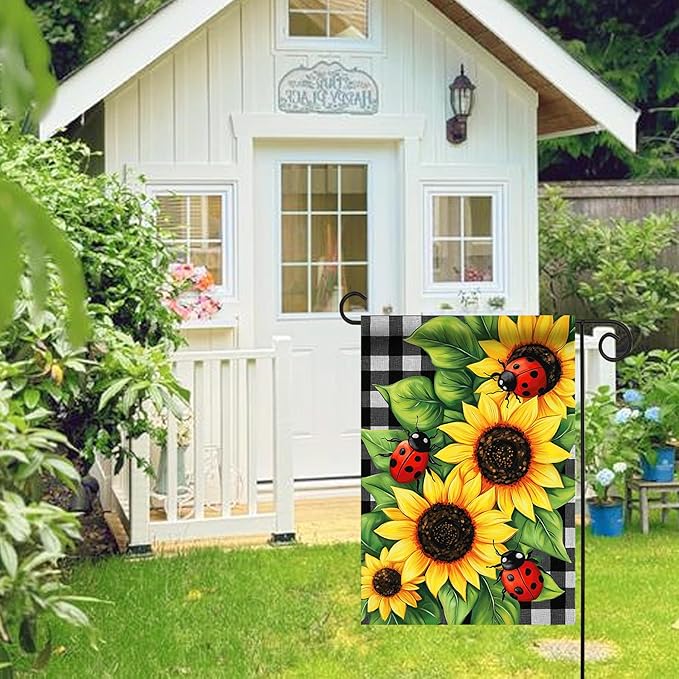 Morigins Spring Garden Flag Double Sided Ladybug Sunflower Flower Buffalo Plaid Farmhouse Yard Flag Summer Seasonal 12.5×18 inch