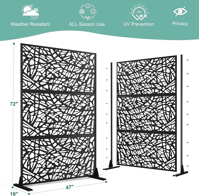 Metal Privacy Screen for Outdoor & Indoor Use, Free Standing Privacy Screen for Patio Garden Pool, 72" H x 47" W Decoative Privacy Panels, Weather Resistant, Easy Assembly (Black Net)