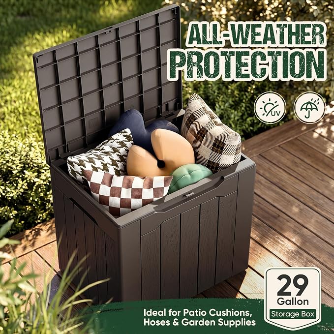 Devoko 29 Gallon Waterproof Outdoor Storage Box Resin Deck Box Lockable and UV Resistant for Patio Furniture, Garden Tools (Brown, 29 Gallon)