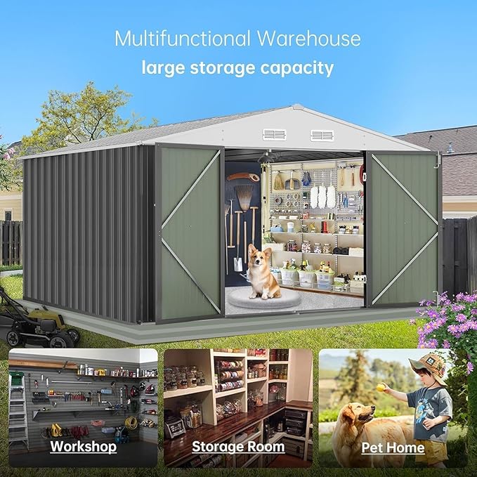 12X10FT Metal Outdoor Storage Shed, Galvanized Steel Garden Tool Shed with with Lockable Door & Vents,Waterproof All-Weather Utility Tool Shed for Lawn Mower, Bike
