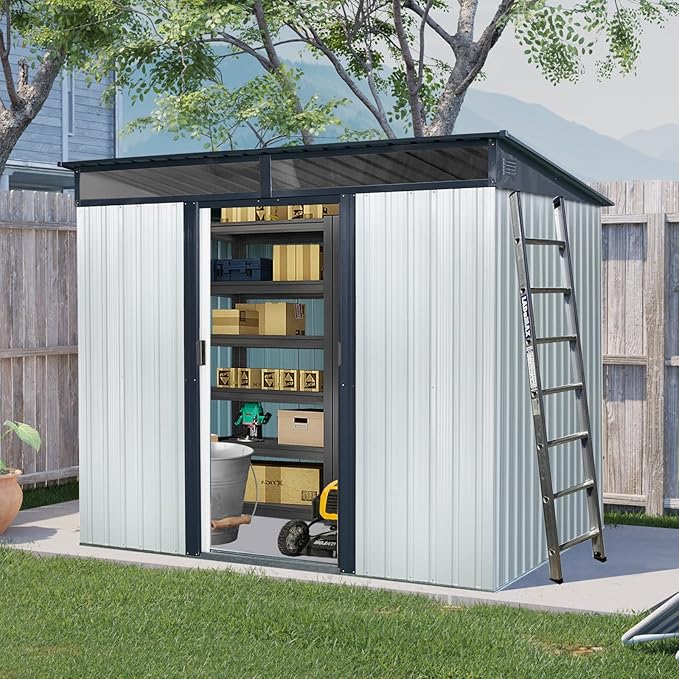 KEIKI 8x6 FT Outdoor Metal Storage Shed with Sloped Roof,Vents and Lockable Sliding Door for Garden Yard Lawn