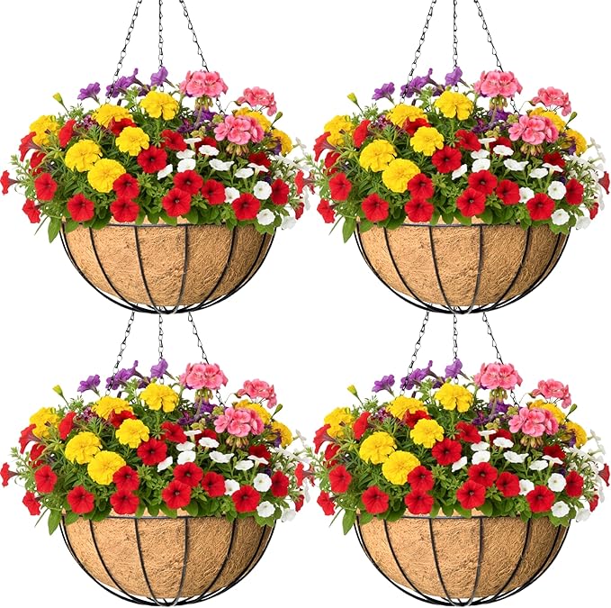 4 Pack 10 Inch Hanging Baskets for Plants Outdoor Metal Hanging Planter Basket with Coco Coir Liner Hanging Flower Baskets Hanging Flower Pots Holder for Garden, Patio(Watermelon)