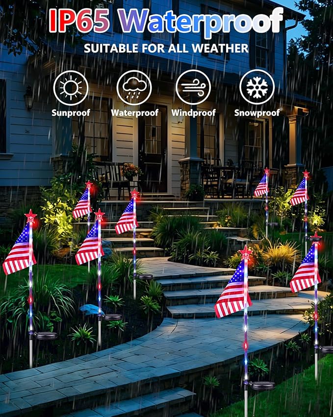 8 Pack American Flag Solar Lights Outdoor, 4th of July Decorations Red White and Blue Star Lights, 2 Modes Waterproof Solar Patriotic Lights for 250th Anniversary Independence Memorial Day Garden Yard
