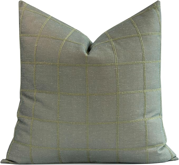 Crumbs Home Modern Farmhouse Fall Linen Indoor Outdoor Throw Pillow Cover Only, 22"x22" Water Repellent for Patio, Backyard, Couch, Oliver Green Plaid