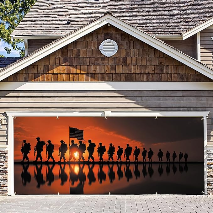 16x7Ft Patriotic American Soldier Silhouette Military Memorial Day Garage Door Decoration Flag, Military Tribute flag Garage Door Banner Sunset USA Flag Patriot Themed Outdoor Decor