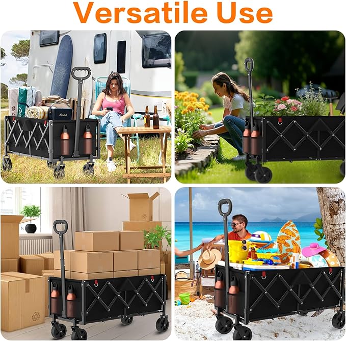 Heavy Duty 360LBS Wagons Carts Foldable, Collapsible Wagon with All-Terrain Swivel Wheels, 180L Extra Long Portable Folding Cart for Outdoor Camping Beach Shopping Sports