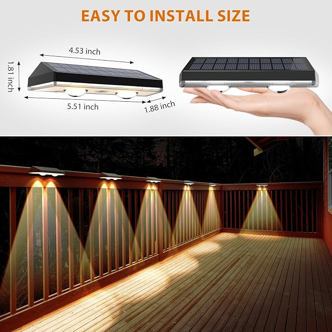 Solar Fence Lights ,RGB & Warm White & 6 Colors Bright Lens LED Dusk to Dawn Deck Light, Fence Solar Lights Outdoor Waterproof, Solar Outdoor Lights for Backyard/Railing/Wall/Step/Patio/Pool (8Pack)