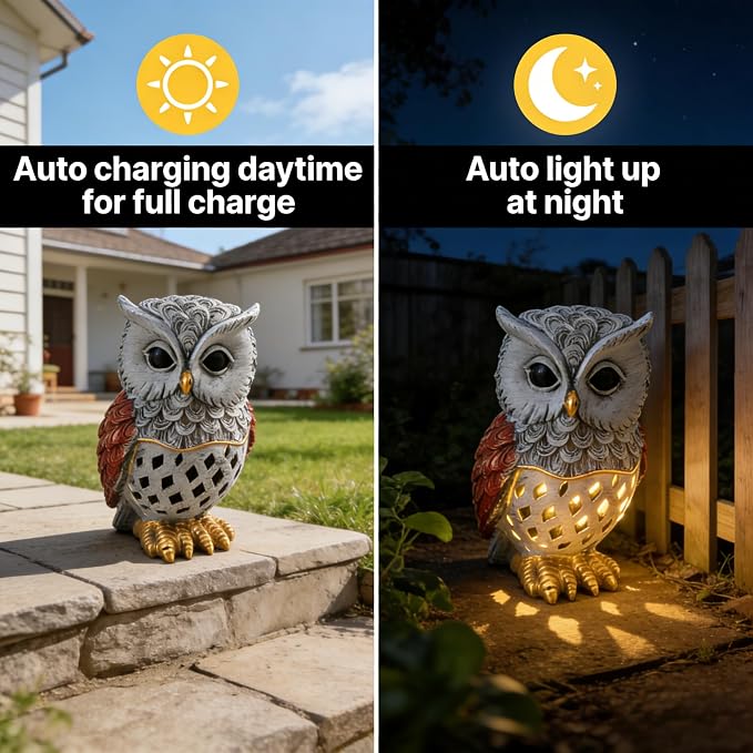 Solar Owl Garden Statues Outdoor Decor Resin Owl Figurine with LED Lights Owl Sculpture for Porch Patio Lawn Yard Decorations Christmas Housewarming Gifts for Women Mom,Brown Owl