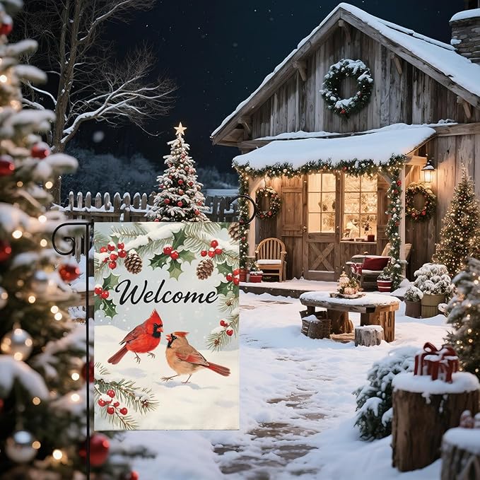 Welcome Winter Garden Flag 12x18 Inch Cardinal Bird Snow Scene Christmas Holiday Seasonal Decorative Yard Flags for Outside Double Sided Outdoor Home Farmhouse Decoration Porch New Year Decor