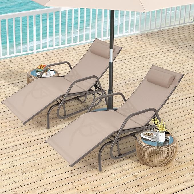 Tangkula Outdoor Glider Recliner Chair, Adjustable Backrest Patio Gliding Lounger Chair with Armrests and Pillow, Outdoor Swinging Rocking Chair w/Breathable Fabric for Poolside, Backyard (2, Brown)