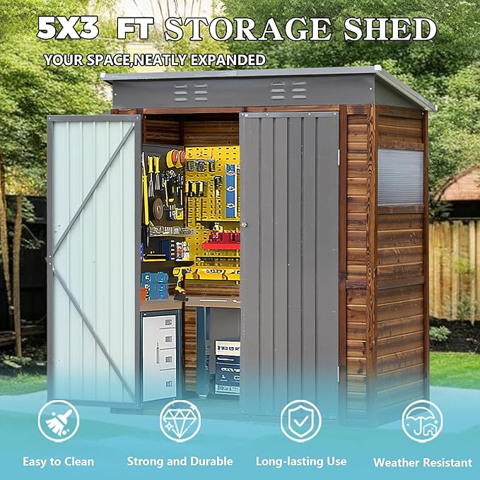 YOPTO 3 x 5 FT Storage Shed with Four Ventilation Vents,Lean to Wood Combination Tool Shed W/Double-Hinged Iron Doors,All Weather Waterproof,for Backyard,Patio,Lawn,Garden,Wood