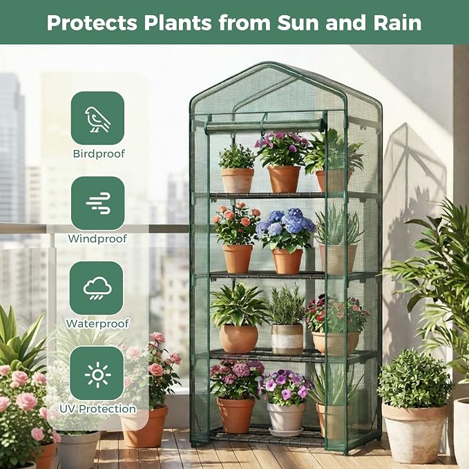 OLIXIS Mini Greenhouse with Durable PE Cover Roll-up Zipper Door, 27"×19"×63" 4 Tier, Small Greenhouse for Outdoors Indoor Balcony, Porch, Garden, Patio, Backyard Green Houses, Green
