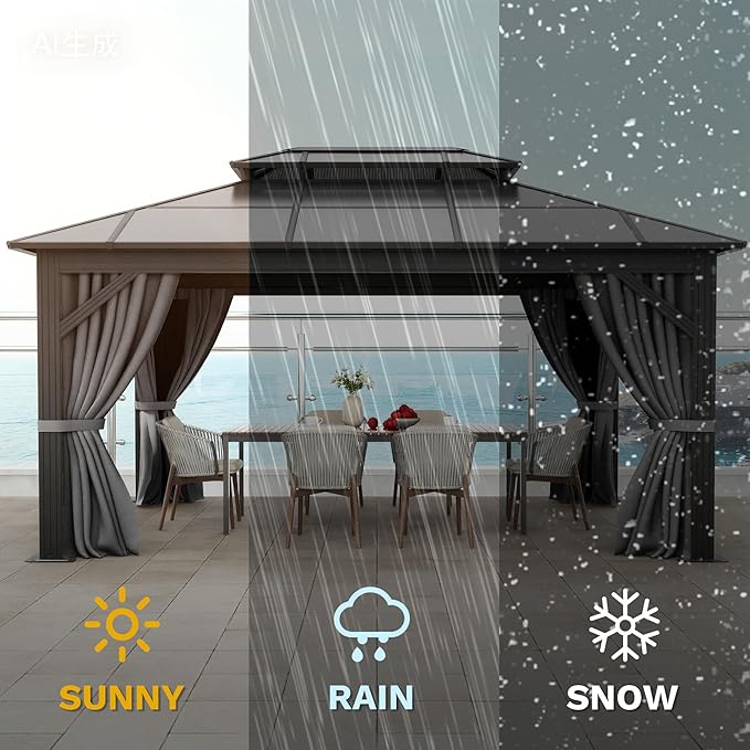 DWVO 10x12ft Gazebo Hardtop Double Roof Polycarbonate Canopy Outdoor with Netting and Shaded Curtains, Aluminum Frame Garden Tent for Patio, Backyard, Deck and Lawns, Gray