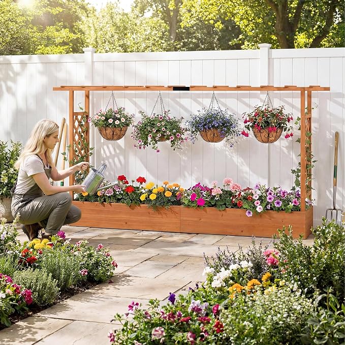 HAPPYGRILL Raised Garden Bed with Trellis, 2 Freestanding 45" Wood Planter Box w/Hanging Roof & 8 Drainage Holes for Climbing Plants Flowers, Outdoor Wood Elevated Garden Bed for Patio Yard,Orange
