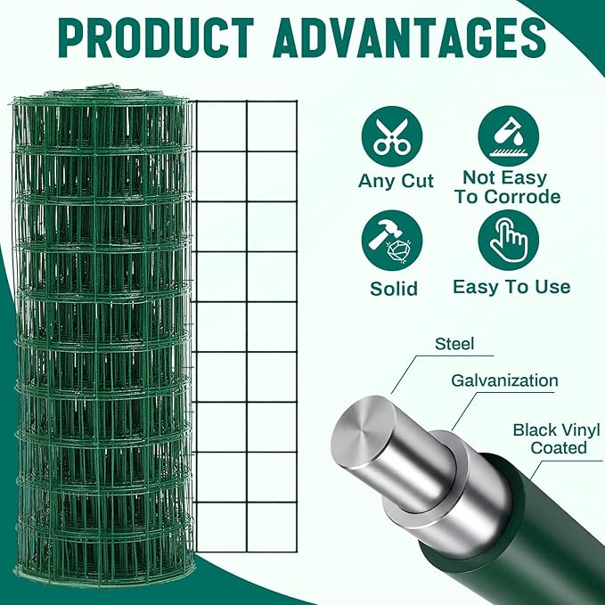 Gisafai 16 Gauge Galvanized Welded Wire Fence 4 ft x 100 ft PVC Coated Hardware Cloth, 2.36" x 2.36" Mesh, Heavy Duty Garden Fencing Roll for Chicken, Dog Yard, Deer Cattle & Animal Protection(Green)