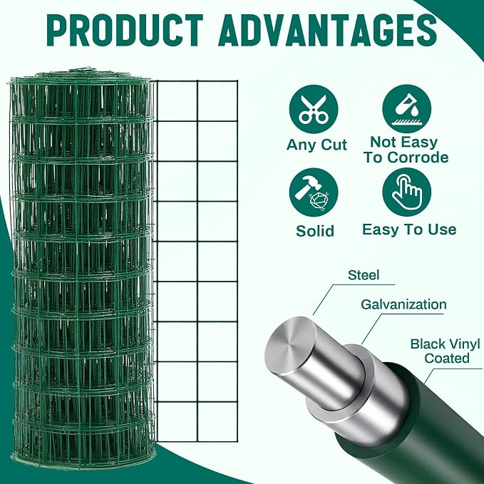 Gisafai 16 Gauge Galvanized Welded Wire Fence 3 ft x 100 ft PVC Coated Hardware Cloth, 2.36" x 2.36" Mesh, Heavy Duty Garden Fencing Roll for Chicken, Dog Yard, Deer Cattle & Animal Protection(Green)
