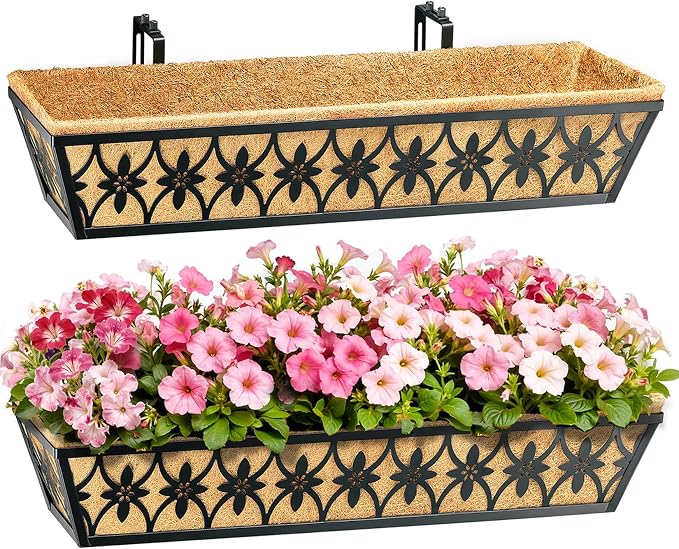 30 Inch Window Boxes Planters Railing Planter Box - 4 Pack Deck Railing Planter Boxes with Adjustable Brackets Coco Liners Balcony Planters Railing Hanging for Window Flower Boxes Outdoor Garden Decor