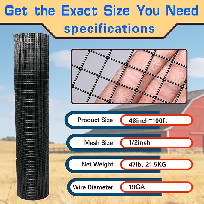 Black Hardware Cloth 1/2in 48inx100ft, Chicken Wire Fencing, PVC Coated Metal Welded Wire Mesh Roll, for Rabbit Snake Groundhog Gopher Netting Cage Vegetable Garden Fence Animal Barrier