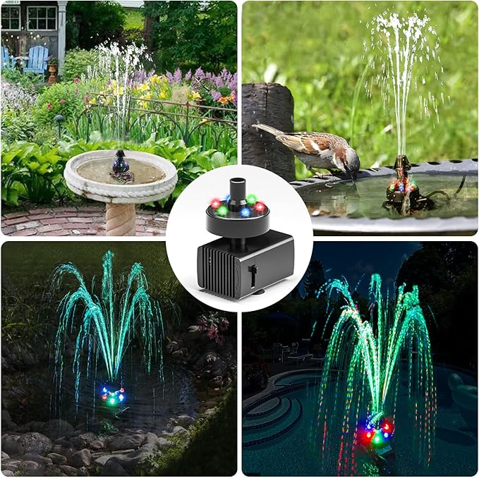 Jutai 24-Hours Working Bird Bath Fountains Electric, Adjustable Quiet Water Fountain Pump with LED Lights for Garden,Small Fish Tank, Pond,Water Features - 7 Nozzles,16.4Ft Power Cord