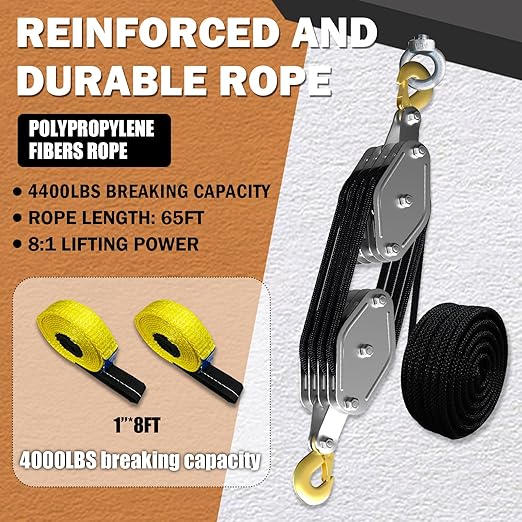 YATOINTO Rope Hoist Pulley System, 4400LB Pulley Block and Tackle, 8:1 Ratio Lifting Power 65ft, Heavy Duty Pulley Block for Lifting Pulling (with 2PCs Straps)