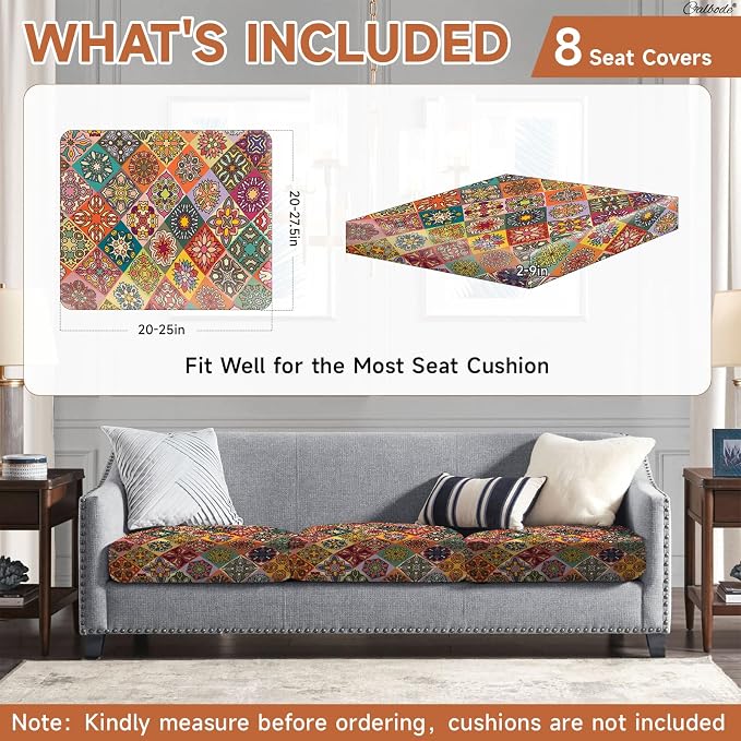 CALBODE 8Pcs Stretch Patio Cushion Cover, Bohemian Colored Geometric Pattern Couch Covers for Patio Furniture Cushions Washable Reusable Couch Covers Replacement for Fall Winter(Cover Only)