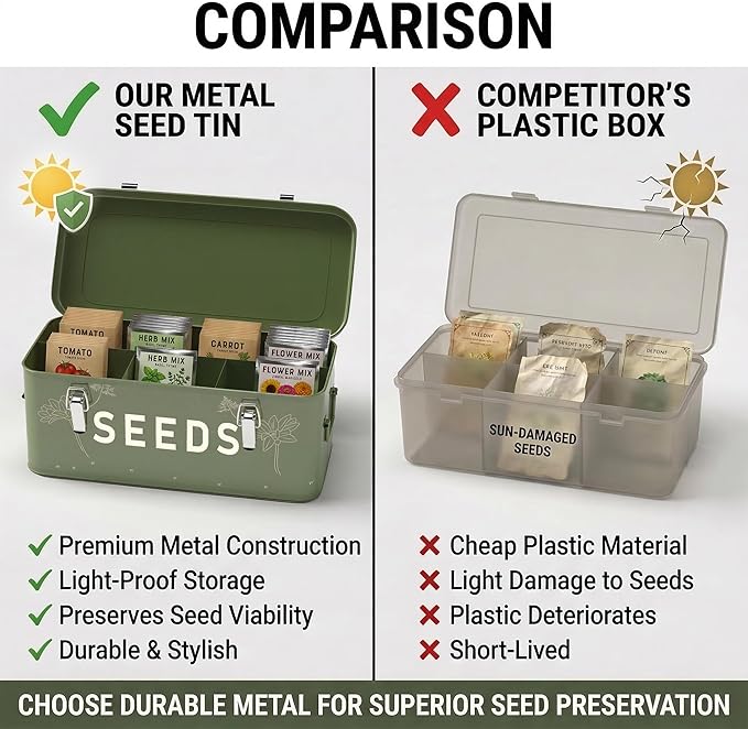 Orionstar Metal Seed Storage Organizer, 4 Compartments Saving Box with 30 Envelopes & Labels, Garden Organization Bin for Heirloom Protection, Vintage Dark Green