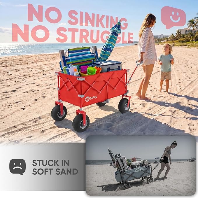 Sekey Heavy Duty Beach Wagon with 9" Big Sand-Proof Wheels – 600lb Capacity, 200L Oversized Foldable Cart | Adjustable Handle & All-Terrain Tires for Sand, Camping, Groceries
