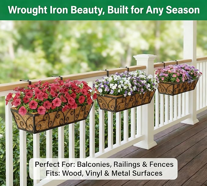 Y&M 6Pcs 30 Inch Large Window Box Railing Planter with Coco Liner, Outdoor Window Flower Boxes Over The Railing Planter Boxes Deck Fence Porch Patio Planter-Butterfly