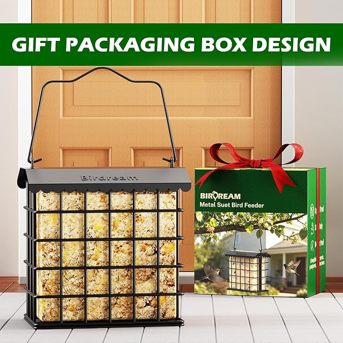 Birdream Double Suet Bird Feeders for Outdoors, All Metal Bird Suet Cakes Cage Holder with Weatherproof Roof, Easy to Refill & Clean, Attract Woodpeckers, Chickadees, Nuthatches, Black