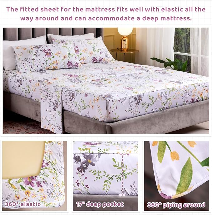 QSH 100% Egyptian Cotton Cal King Sheets, Yellow Flower Plant Pattern Botanical Luxury Cotton Printed Flower California King Bedding Sheets, 4pcs Deep Pocket California King Floral Bed Sheet Set