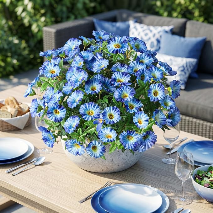Blue Artificial Morning Glory Flowers for Outdoor Planters, Premium UV Resistant Silk Faux Flowers for Porch, Hanging Basket & Window Box, Lifelike Floral Arrangement, No Pot 13.3“ 8 Bundles