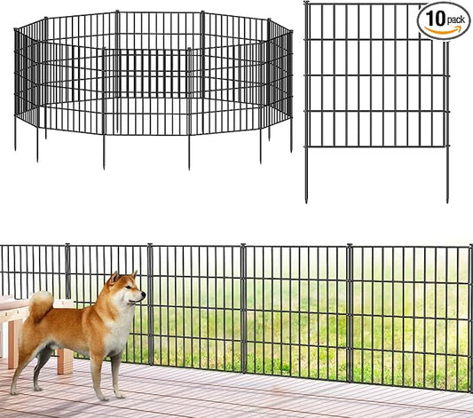 FOREHOGAR Metal Garden Fence 28in (H) x 23.3ft (L), 10 Panels + 11 Stakes Dog Fence Border Fence Animal Barrier, No Dig Garden Fencing for Yard Flower Bed Lawn Patio Outdoor, PIN282810 Black