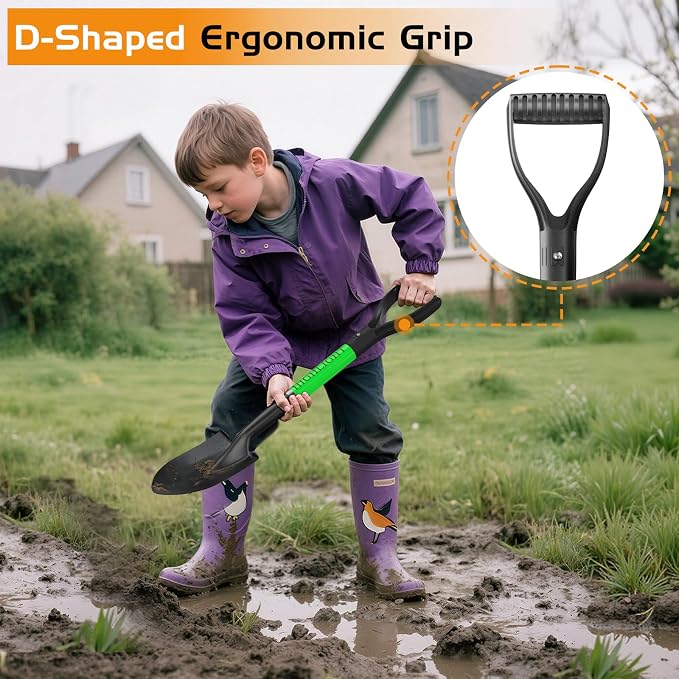 HIGHLIGHT Kids Shovel for Digging, 28-Inch Small Round Point Shovel with Metal Blade and Fiberglass Handle, Mini D-Grip for Gardening, Beach, Camping & Snow, Green