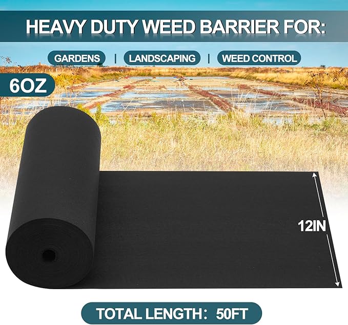 6oz 12in×50ft Non Woven Geotextile Fabric for Landscaping, Black Weed Barrier Landscape Fabric for French Drains, Underlayment, Construction Projects, Garden, Drainage, Erosion Control