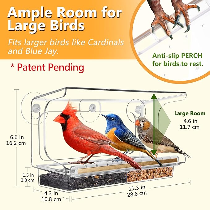 LUJII Shatterproof Window Bird Feeder with Strongest Suction Cups, Polycarbonate Window Mount Feeder with Crystal Clear View & Life-Out Tray, Fits Bigger Birds Like Cardinal or Blue Jay, Clear